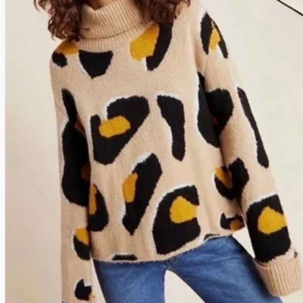 Anthropologie Moth Women's Turtleneck Sweater - Black, Gold, Cream Animal Print